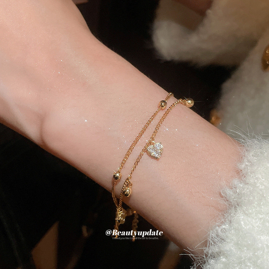 A廠【HB4791】18k真金電鍍鋯石雙層愛心吊墜手鍊時尚百搭手環輕奢高級感手飾女
 25.10-4