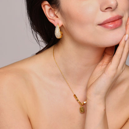 B廠【P1358】 ins水滴鑲鑽耳環法式小方塊雕刻英文方牌吊墜項鍊日常配件 25.01-4