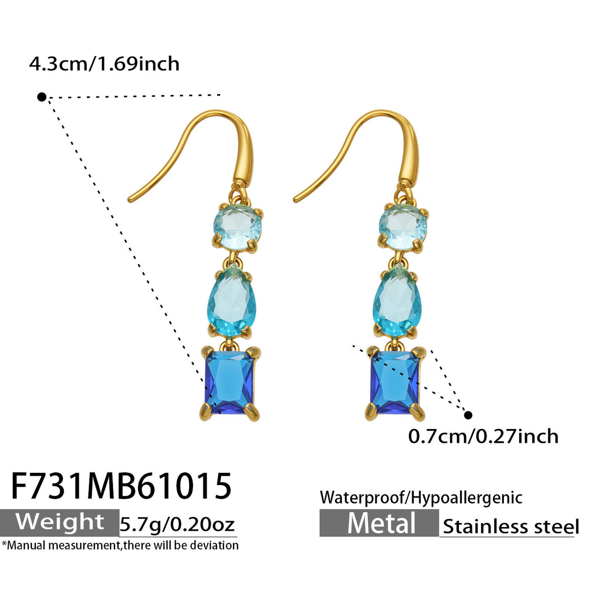 B廠【F731】拼接彩锆石耳墜不鏽鋼鍍金三層結構耳環
 26.10-4