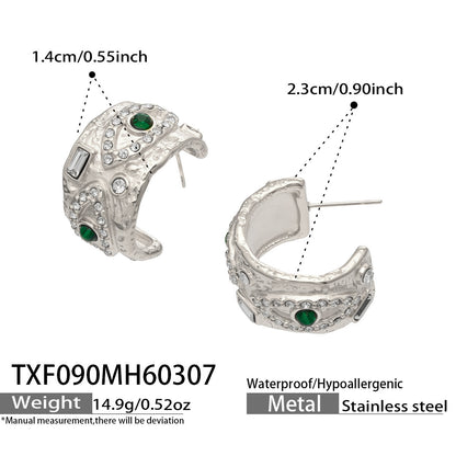 B廠【TXF090】歐美ins小眾設計幾何C型耳環鑲嵌綠松石水鑽高質感耳飾不銹鋼材質
 26.03-3