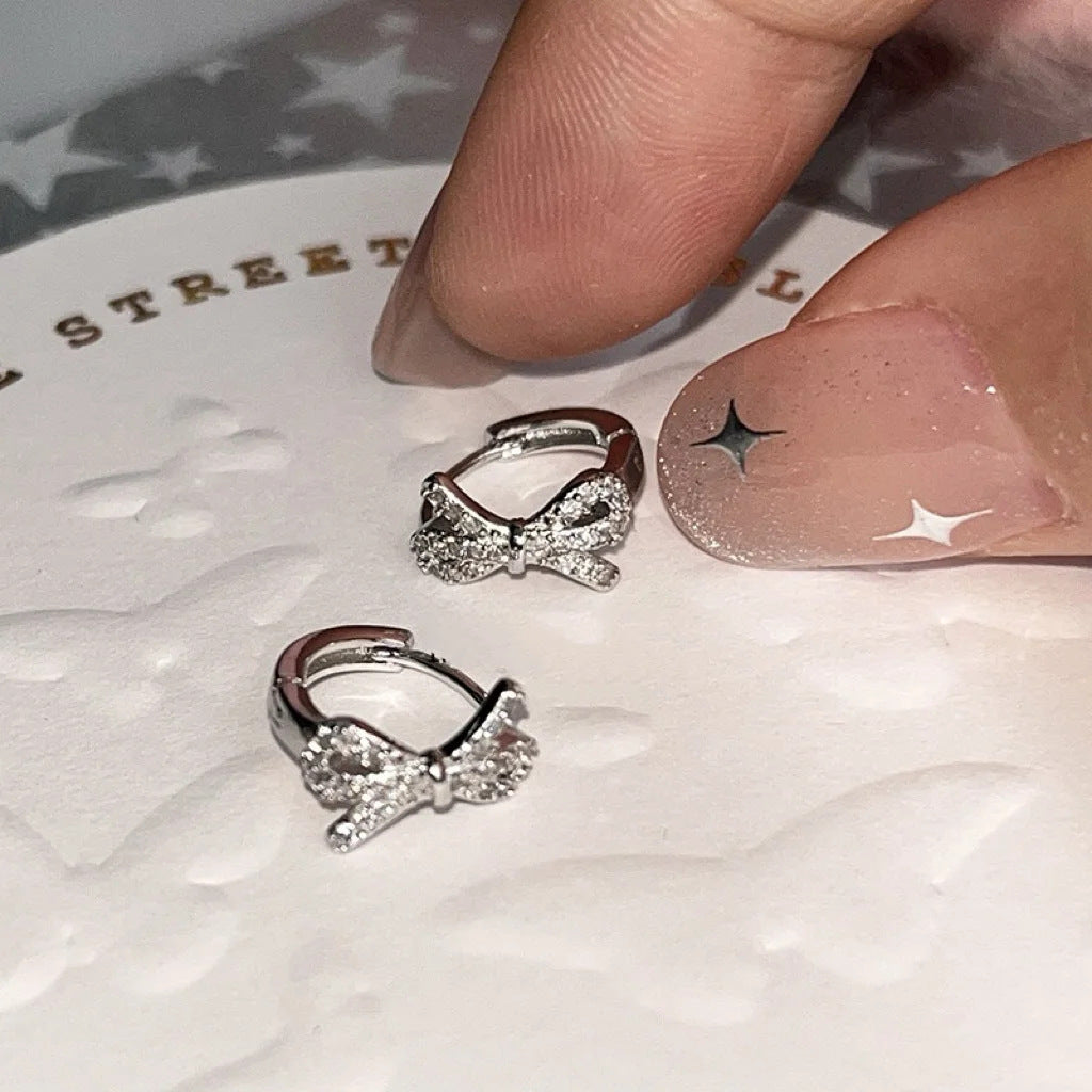 E廠【XDQ10639E】韓國氣質滿鑽蝴蝶結耳扣女S925純銀精緻名媛風耳圈甜美耳飾品
 25.12-1