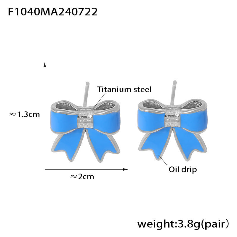 B廠【F1040】歐美風新款蝴蝶結滴油耳環小眾甜美設計鈦鋼鍍18k金小香風耳飾女 24.07-4