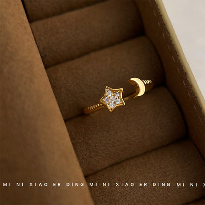 A廠【5549】鑲嵌鋯石電鍍真金高品質保色開口可調式戒指星星月亮戒指女食指戒 25.02-3