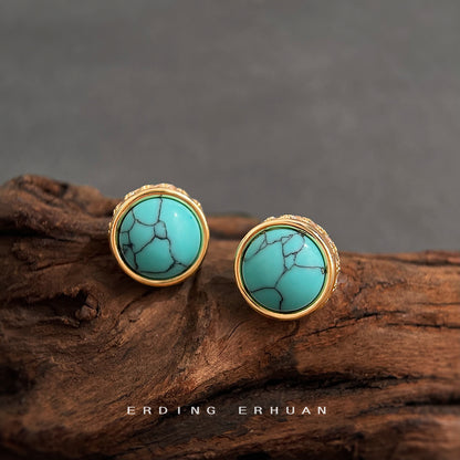 A廠【5744】文藝復古925銀針新中式微鑲鋯石合成綠松石圓形高級感耳環耳飾女 25.03-3