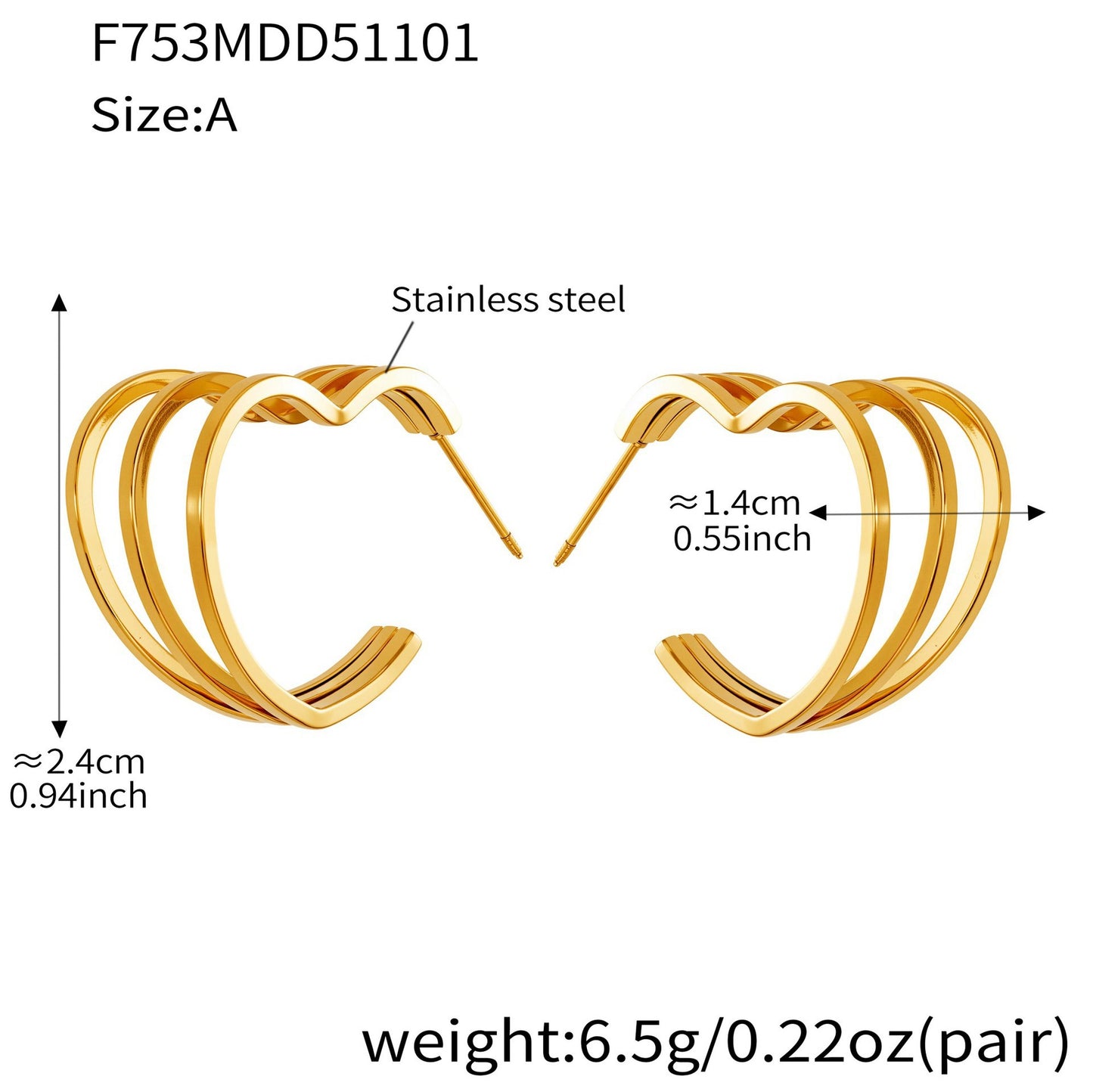 B廠【F753】ins風小眾設計三層愛心耳環不鏽鋼18k鍍金耳環不掉色耳飾
 25.11-1
