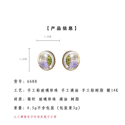 A廠【6688】文藝復古紫色鬱金香手工彩繪琺瑯滴釉925銀針新款耳飾 油畫感耳釘
 25.09-1