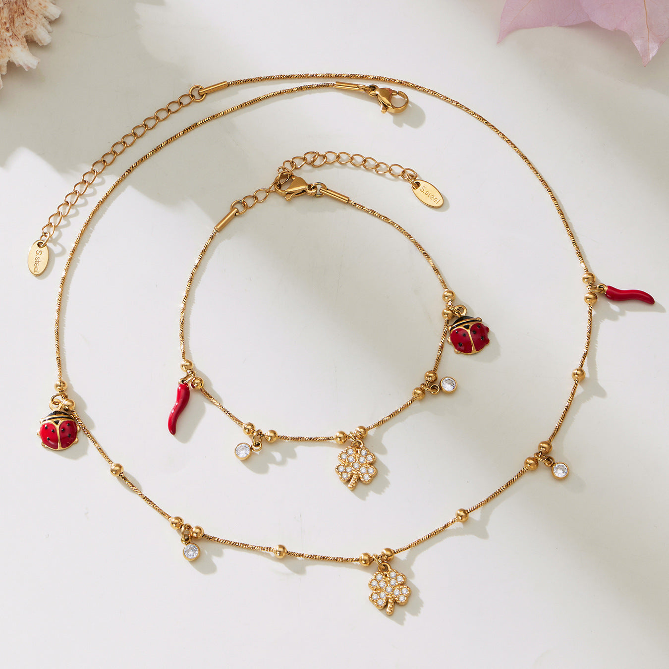 B廠【TXP502】不鏽鋼5A鋯石幸運草瓢蟲多配件手鍊項鍊首飾組鍍18k真金不掉色
 25.11-4
