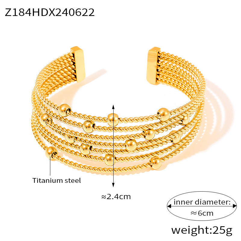 B廠【Z184】ins復古時尚多層麻花串鋼珠手環歐美設計個性開口鈦鋼鍍18k金手鐲 24.06-4
