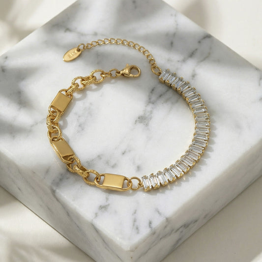 B廠【E049】歐美ins簡約設計感5A鋯石拼接鏈條時尚手鍊不鏽鋼鍍18k金跨境手飾
 26.02-1