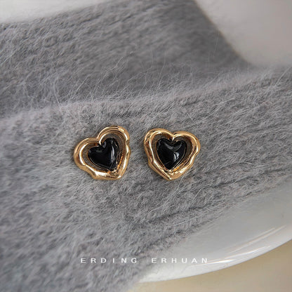 A廠【3450】黑桃夾心復古耳環法式輕奢百搭滴釉鏤空心形高級感赫本風氣質耳飾 25.01-2