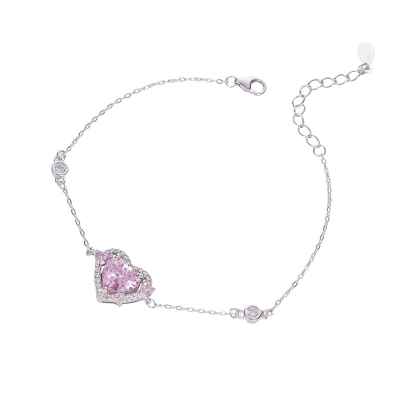 F廠【XDQ0077S】S999純銀輕奢守護之心粉鑽手鍊女高級感怦然心動鋯石愛心手飾
 25.10-5