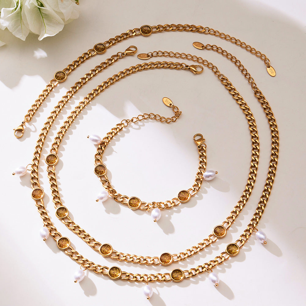 B廠【TXP496】歐美熱銷款仿珍珠流蘇項鍊手鍊不鏽鋼鍍18k金ins小眾設計首飾套裝
 25.11-4