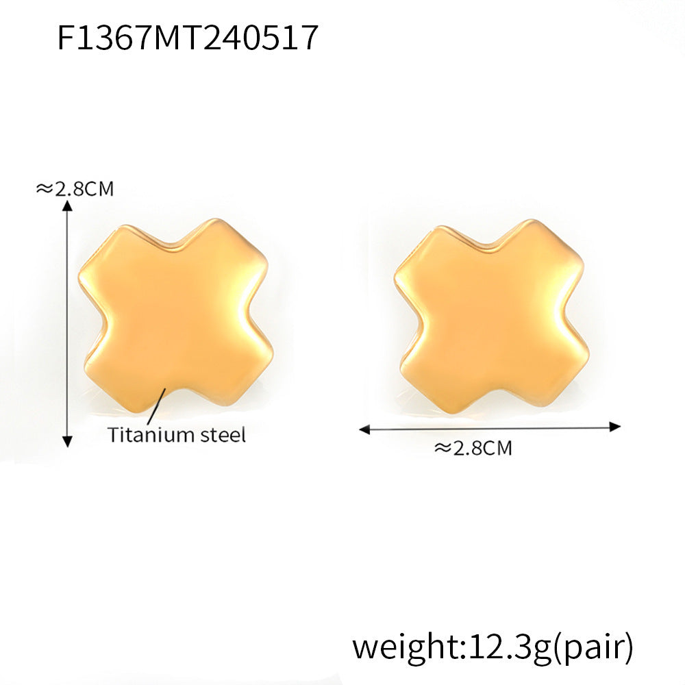 B廠【F1367】跨境歐美簡約素面拋光十字鈦鋼鍍18k真金耳環四方弧面不褪色耳環 24.05-4