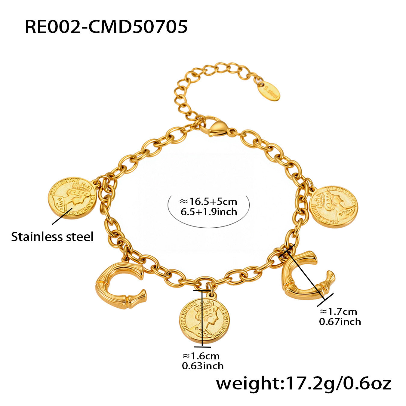 B廠【RE002】歐美飾品不鏽鋼26個字母伊莉莎白女王圖像手鍊鍍18k金色保色 25.07-3