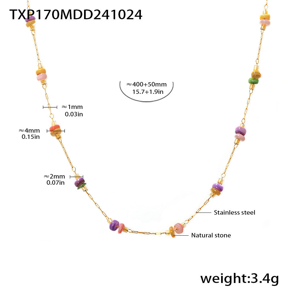 B廠【TXP170】彩色天然石輕奢感雙層項鍊手鍊不銹鋼手工鏈條套裝 24.11-3