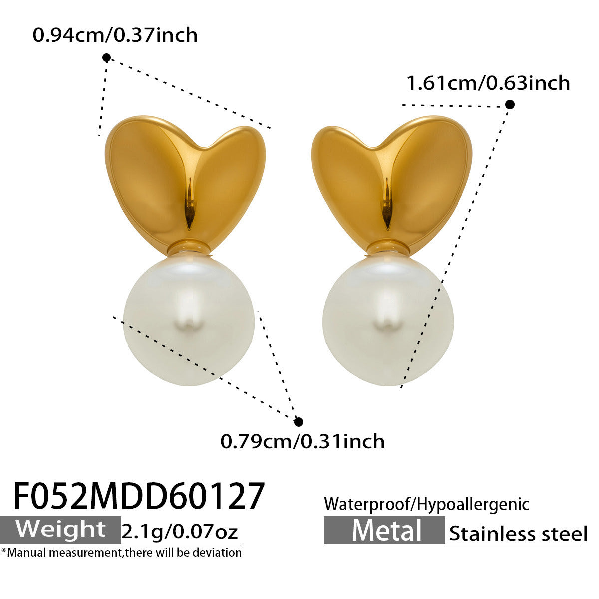 B廠【F052】歐美輕奢小眾ins風仿珍珠愛心耳環不鏽鋼材質鍍18k真金不掉色耳環
 26.02-1