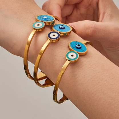 B廠【Z287】歐美時尚綠松石創意藍色眼睛大小圓形開口手鐲組合小眾高級感飾品
 26.01-4