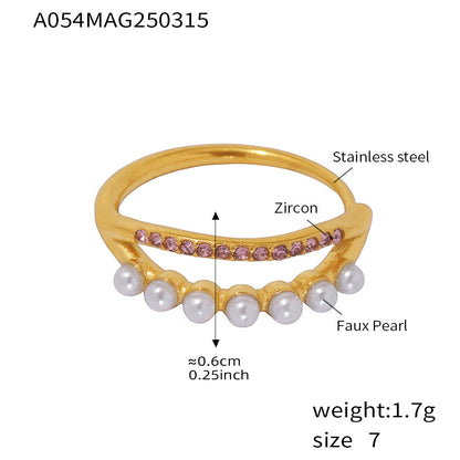 B廠【A054】歐美不鏽鋼雙層施家貝珠5A鋯石黏鑽側開口調整戒指鍍18k金 25.03-4
