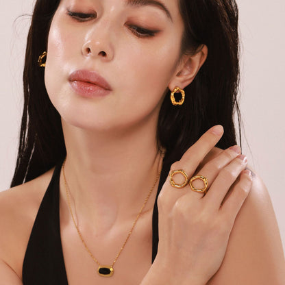 B廠【F530】小眾環形岩溶戒指耳環歐美時尚簡約首飾不鏽鋼18K真金套裝 25.03-1