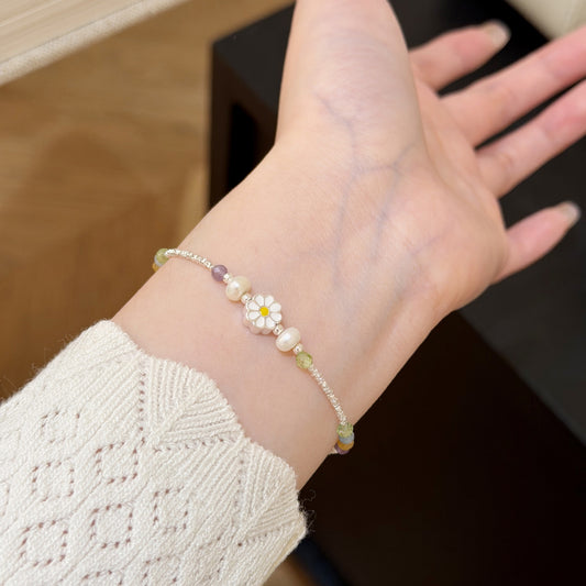 E廠【XDQ0290S】S925純銀天然珍珠花朵碎銀子手鍊女彩色串珠切面水晶時髦手飾
 26.07-4