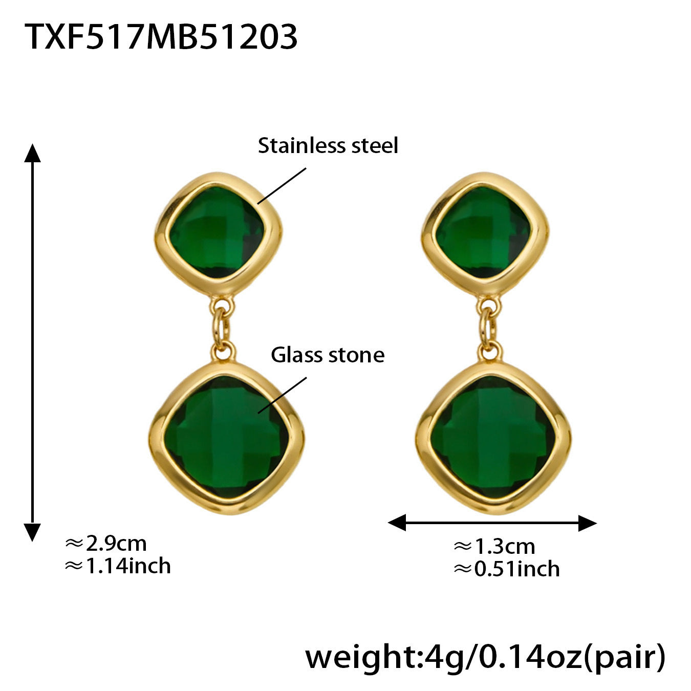B廠【TXP517】不銹鋼方形切麵包邊玻璃石吊墜耳環項鍊手鍊珠寶首飾套裝鍍18k金
 25.12-2