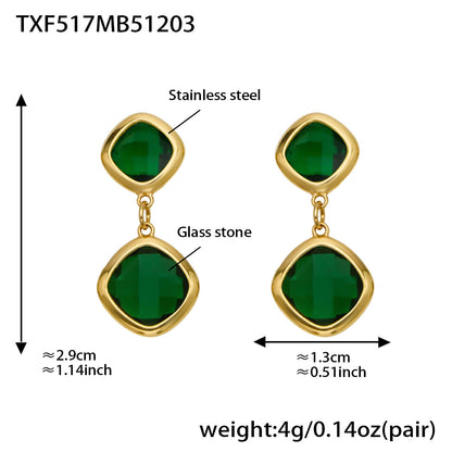 B廠【TXP517】不銹鋼方形切麵包邊玻璃石吊墜耳環項鍊手鍊珠寶首飾套裝鍍18k金
 25.12-2