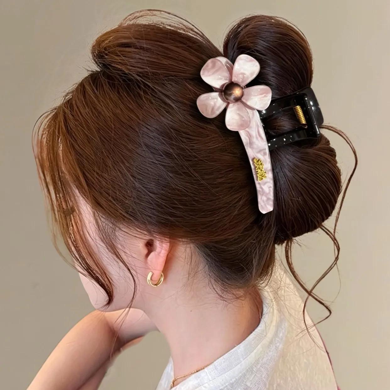 C廠【X505】高級感韓系新款醋酸花朵珍珠抓夾女時尚百搭後腦勺盤髮鯊魚夾髮飾
 26.06-4