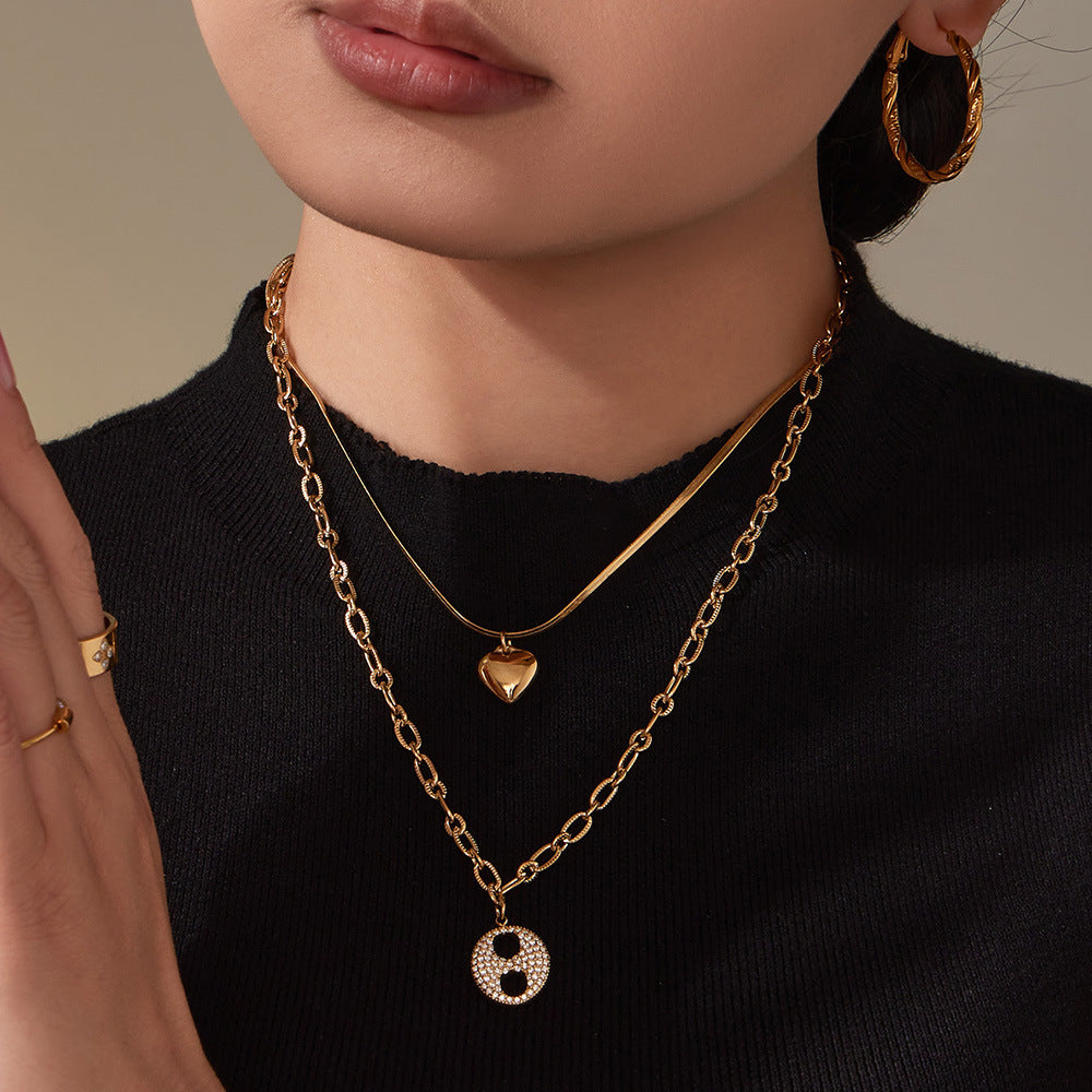 B廠【P100】 不鏽鋼雙層疊戴愛心豬鼻子鋯石項鍊 鍍18k金歐美百搭項鍊
 25.11-3