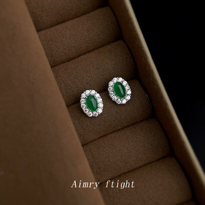 A廠【6876】高級感輕奢風微鑲鋯石925銀針橢圓祖母綠迷你小巧耳環女 氣質耳飾
 25.10-3