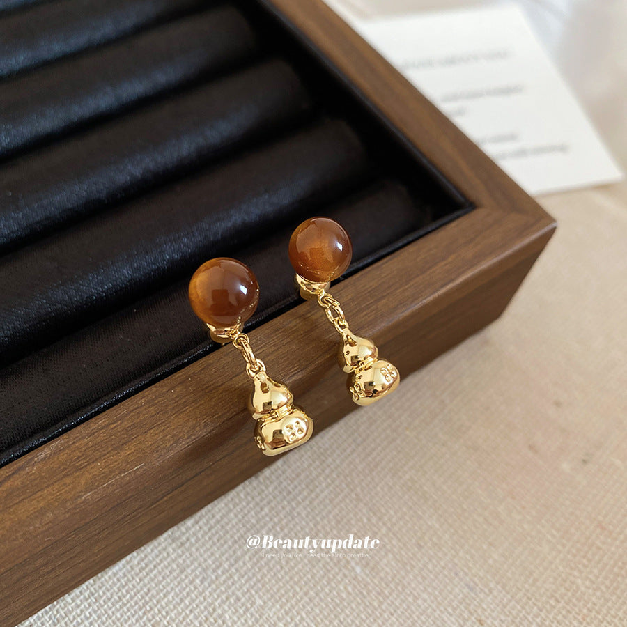 A廠【HE28926】925銀針復古虎眼石圓形葫蘆吊墜耳環美拉德風耳環耳環輕奢高級感耳飾
 25.10-3