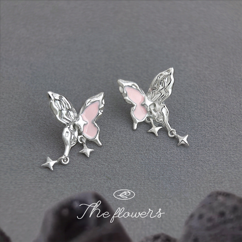 A廠【6345】甜酷女孩！ 925銀針粉紅琺瑯滴油液態肌理紋芒星蝴蝶新款耳飾耳環
 25.11-4
