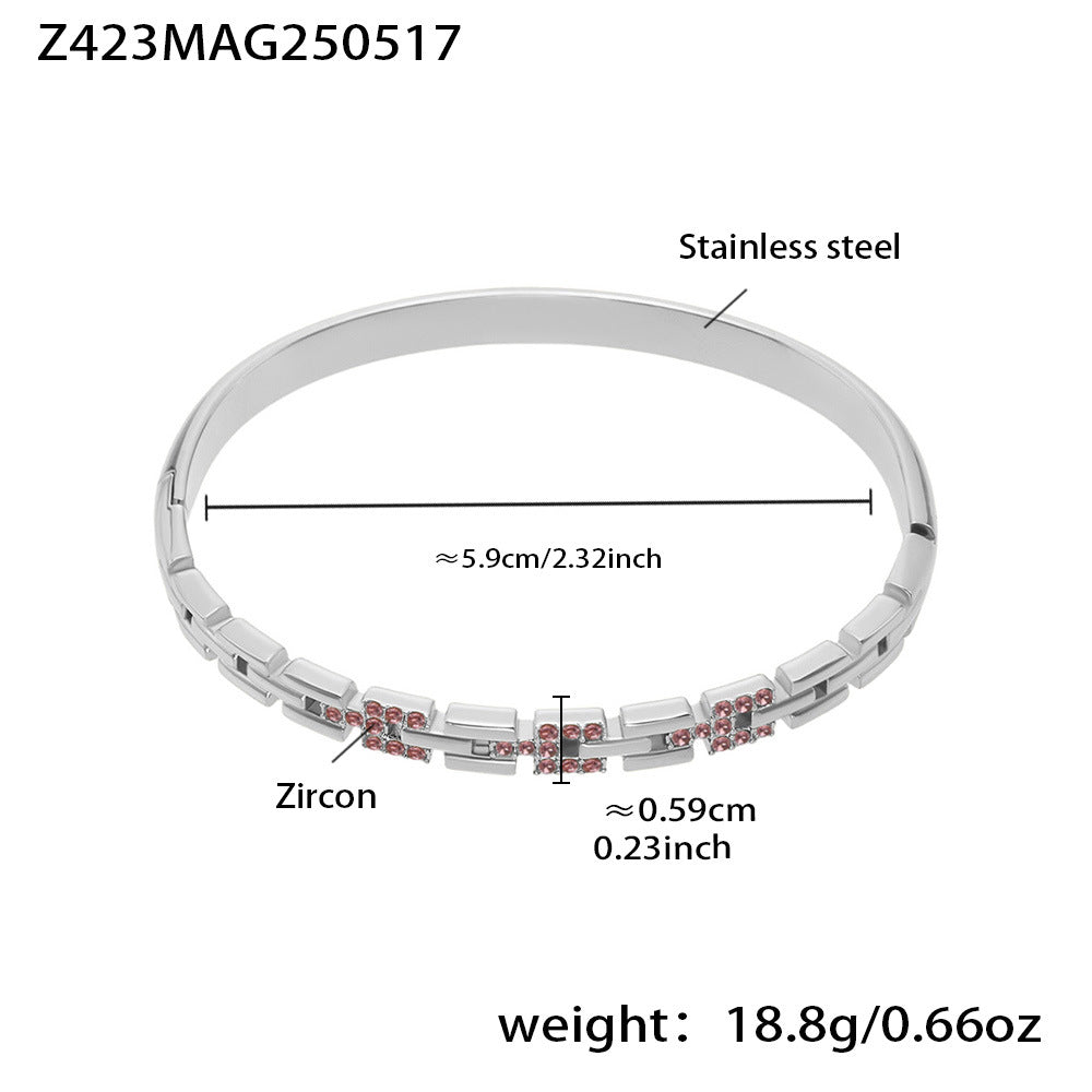 B廠【Z423】新款5A鋯石長城紋帶鑽超閃卡扣手鐲不鏽鋼鍍18k真金手鐲子潮 25.05-4