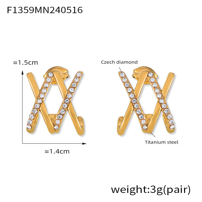 B廠【F1359】歐美復古交叉鑲鑽耳環小眾獨特設計X字母氣質百搭鈦鋼耳環 24.05-4