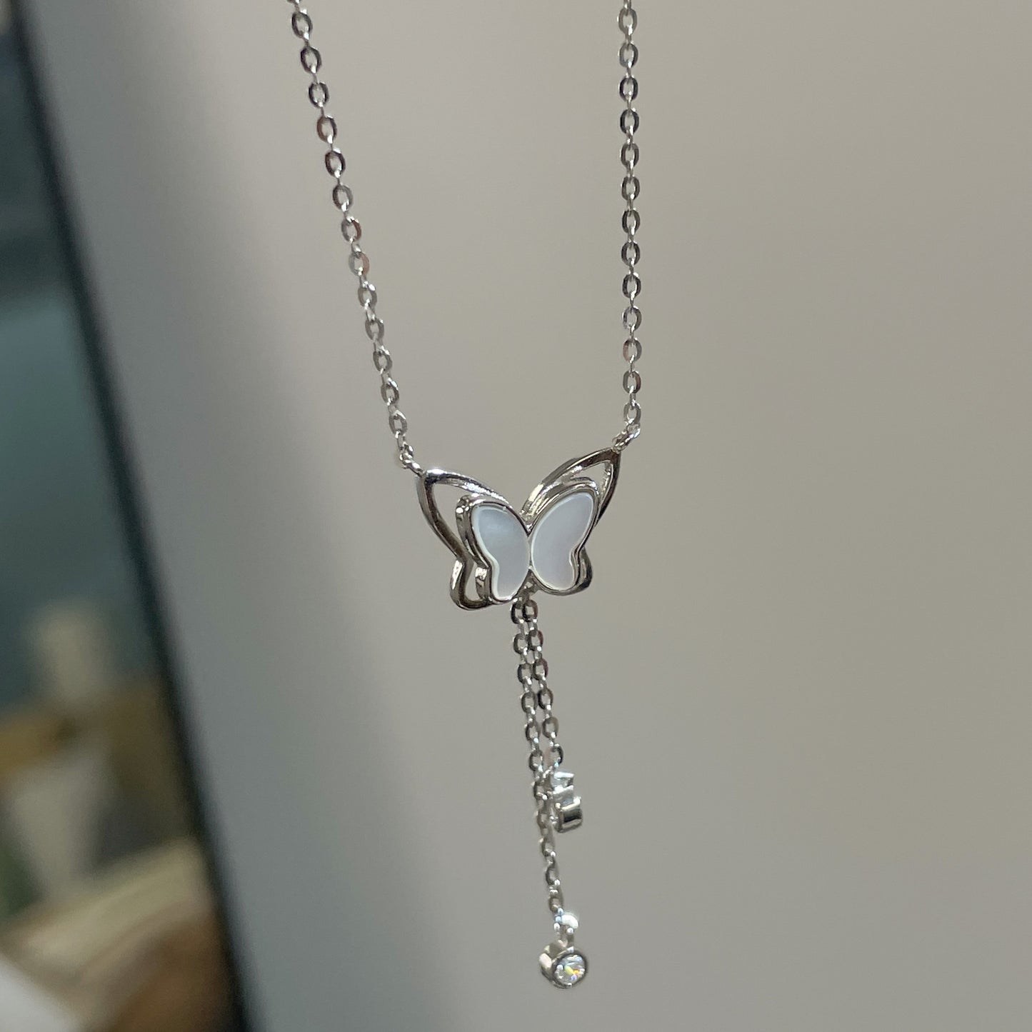 F廠【DQ1231N】S925純銀輕奢小眾貝殼蝴蝶項鍊女精緻氣質閃鋯流蘇ins鎖骨鏈
 25.10-4