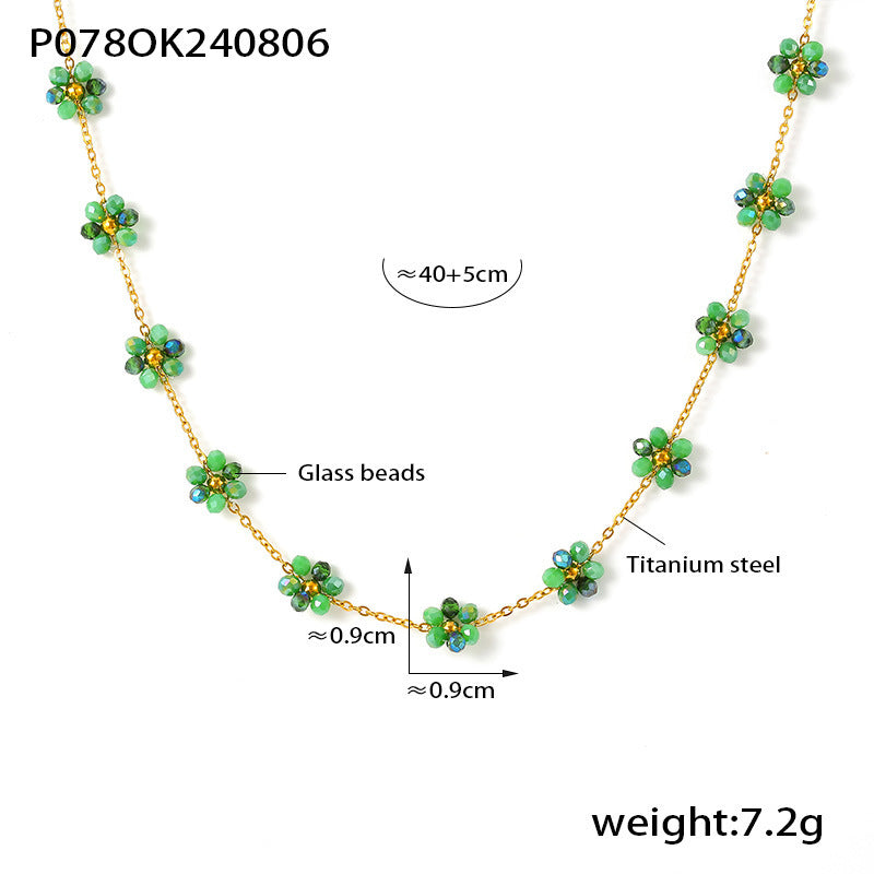 B廠【E078】跨國波西米亞串珠項鍊手鍊腳鍊手工少女小花玻璃珠鈦鋼鏈首飾套裝 24.08-3
