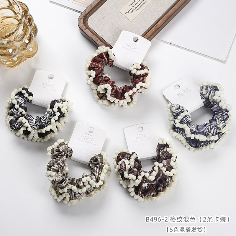 D廠【B496】2條卡裝髮圈時尚寬邊大腸圈髮繩高級感格紋布藝髮飾女高馬尾頭繩
 25.11-1「D廠-單筆結帳需滿，NT$600出貨(不含運費)」