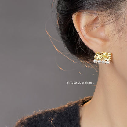 A廠【5305】高級感925銀針鍍14K歐美時尚紋理感肌理紋幾何珍珠耳環耳飾女 25.01-1