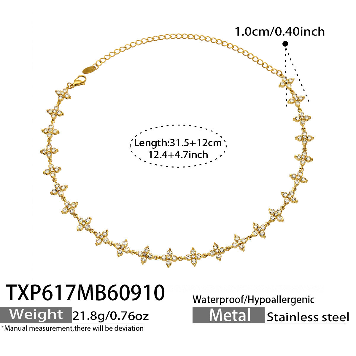 B廠【TXP617】跨境時尚四瓣花鋯石鈦鋼PVD真空電鍍小眾高級鎖骨鏈耳環手鍊組合
 26.09-3