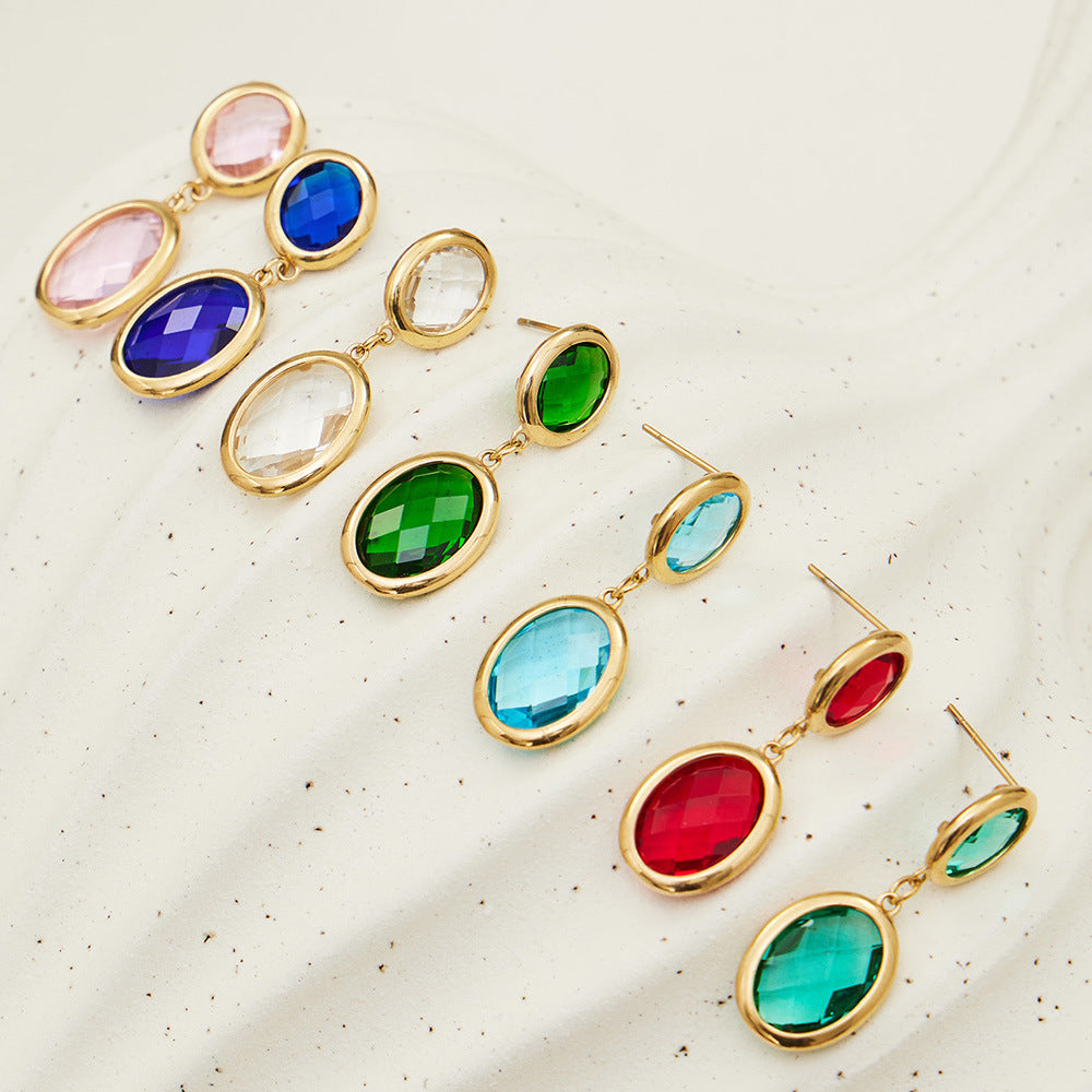 B廠【F957】不鏽鋼幾何橢圓吊墜切面玻璃石耳環ins小眾設計百搭耳飾鍍18k真金
 25.12-1