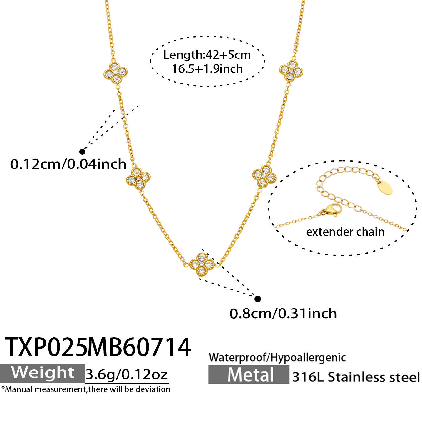 B廠【TXP025】歐美多巴胺系列四葉花不銹鋼鍍18k金 鑲嵌鋯石項鍊手鍊女飾品套裝
 26.07-4