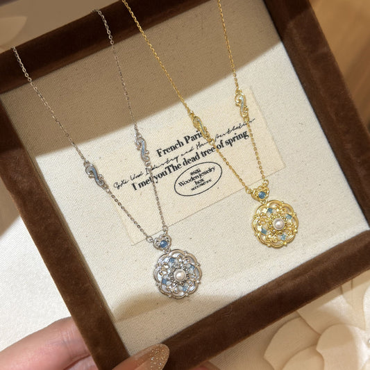 E廠【XDQ0128N】S925純銀法式復古繁花琺瑯項鍊女新中式仿珍珠宮廷風鎖骨鏈潮
 26.04-3