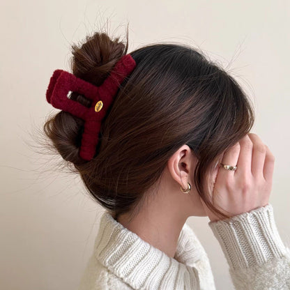 C廠【Y1075】秋冬毛絨金標抓夾女2026新款高級感後腦勺髮夾氣質盤髮鯊魚夾髮飾
 26.01-2