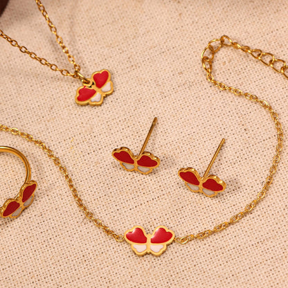 B廠【TXP260】歐美不銹鋼小蝴蝶滴油兒童飾品套裝耳環戒指手鍊項鍊不掉色 25.05-5