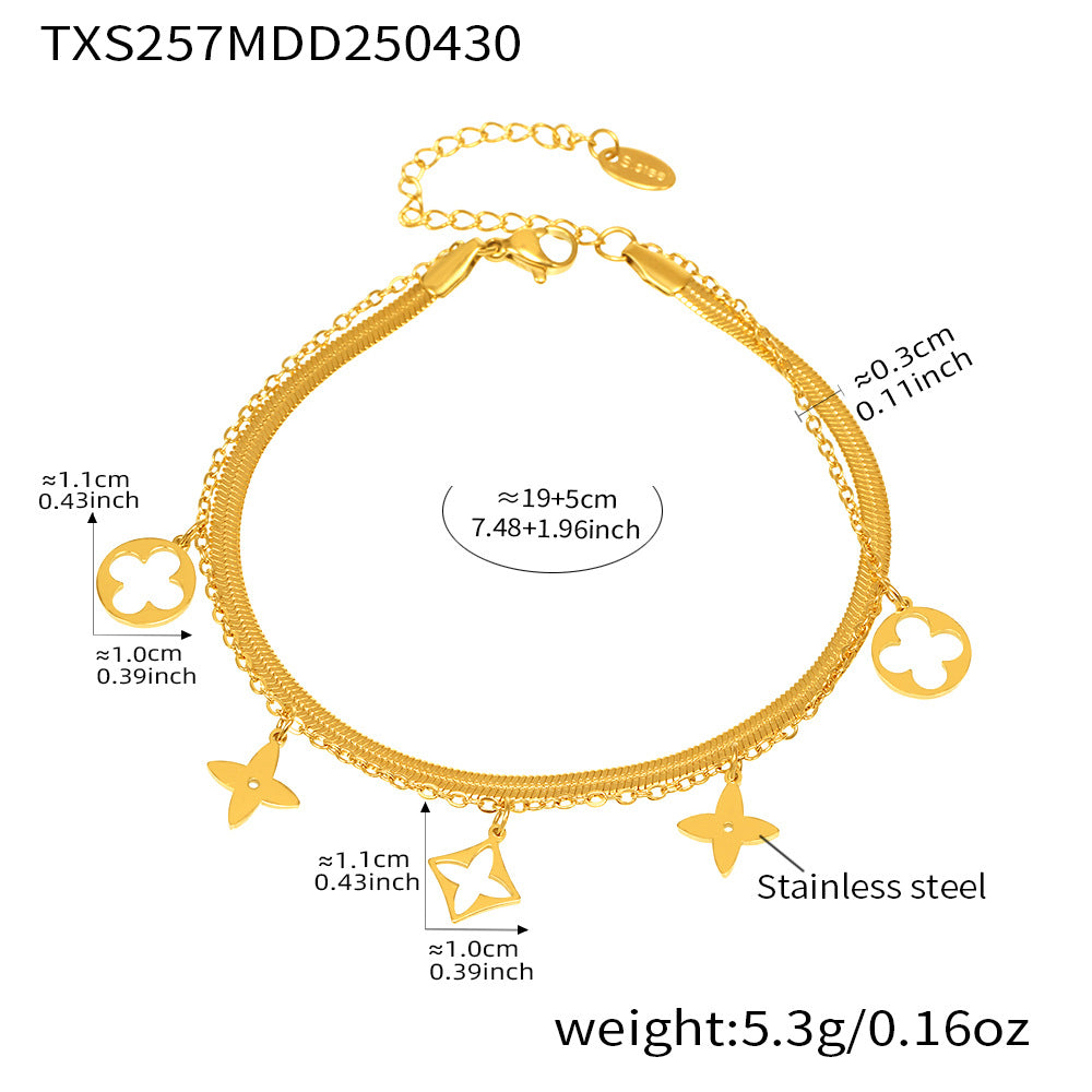 B廠【TXS257】簡約輕奢風不鏽鋼刀片雙層腳鍊鏤空老花多配件吊墜夏日潮款 25.05-2