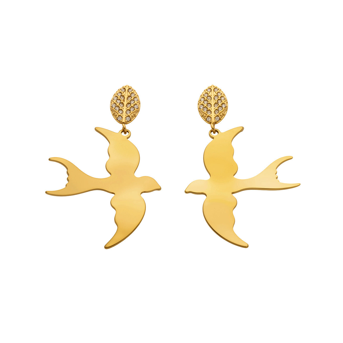 B廠【F1571】歐美INS小眾樹葉鋯石耳環不鏽鋼小燕子耳墜個性設計耳飾鍍18k真金
 26.04-3