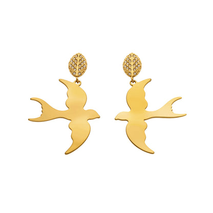 B廠【F1571】歐美INS小眾樹葉鋯石耳環不鏽鋼小燕子耳墜個性設計耳飾鍍18k真金
 26.04-3