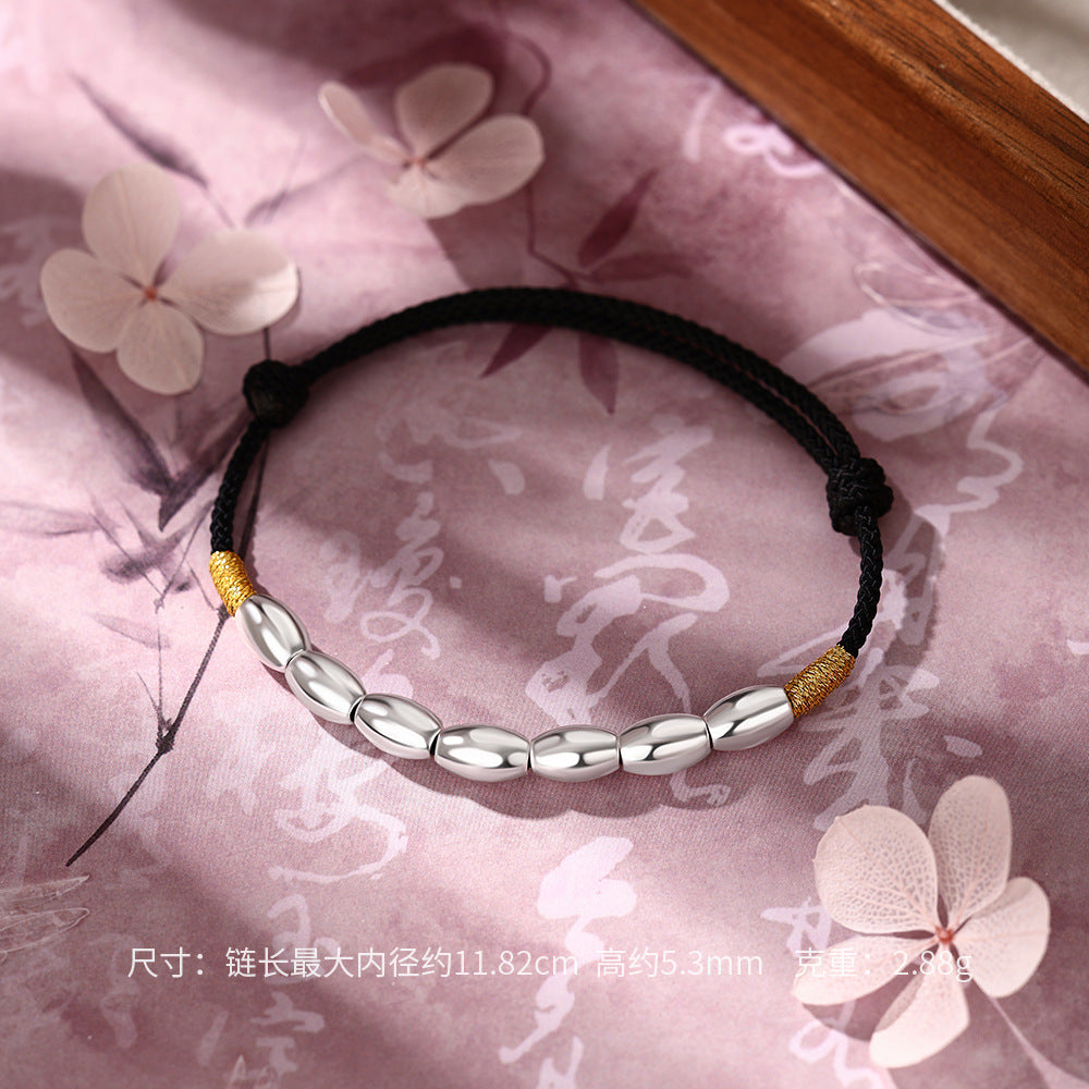 D廠【YC5543SL】足銀S999七粒米手鍊祈福手工編織手繩新中式可調國風手飾 26.07-3