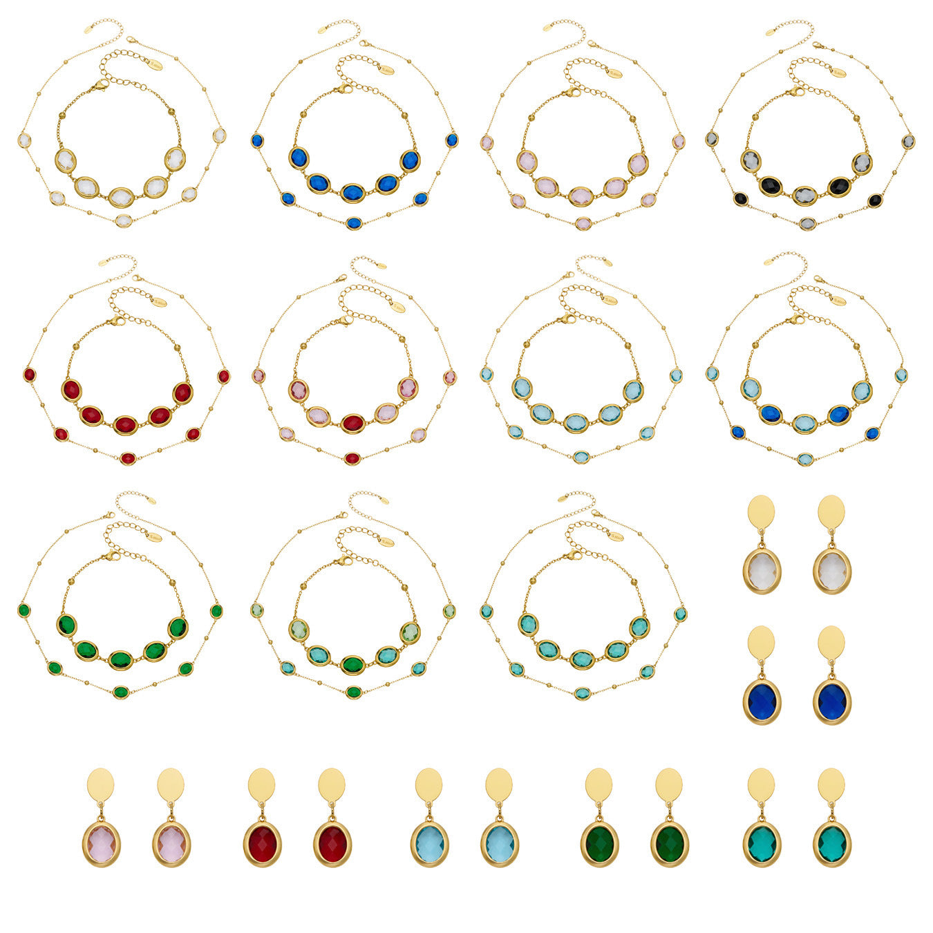 B廠【TXP511】不鏽鋼幾何橢圓切面玻璃石包邊項鍊手鍊耳環組鍍18k金跨國首飾
 25.12-2