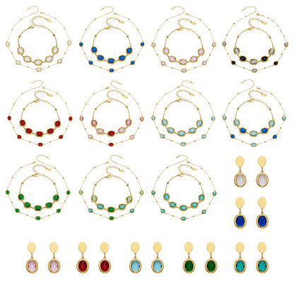 B廠【TXP511】不鏽鋼幾何橢圓切面玻璃石包邊項鍊手鍊耳環組鍍18k金跨國首飾
 25.12-2