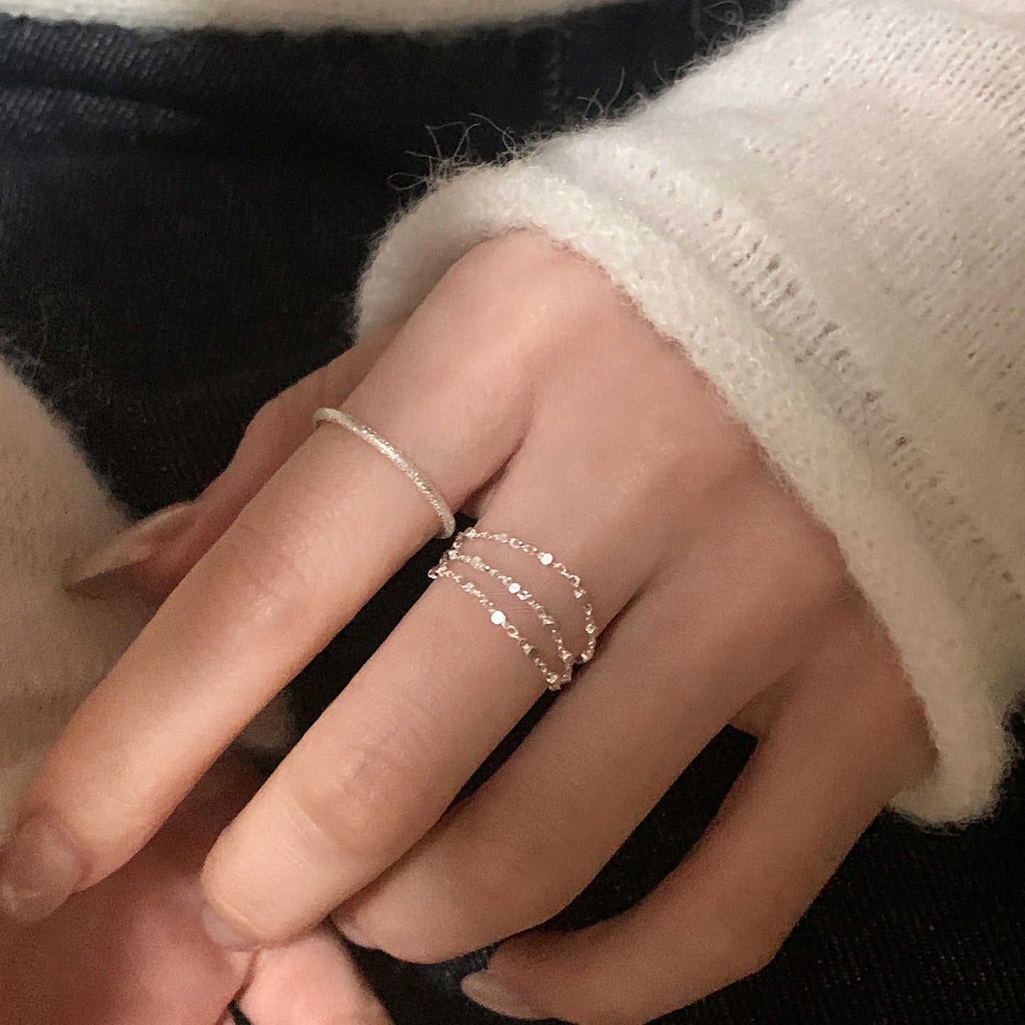 E廠【XDQ8086R】簡約小眾方塊三層鏈條戒指女S925純銀冷淡風氣質抽拉指環百搭
 26.04-1